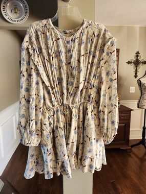 Free People Cream Dress with Blue and Brown Floral Print Tie Waist Button Down